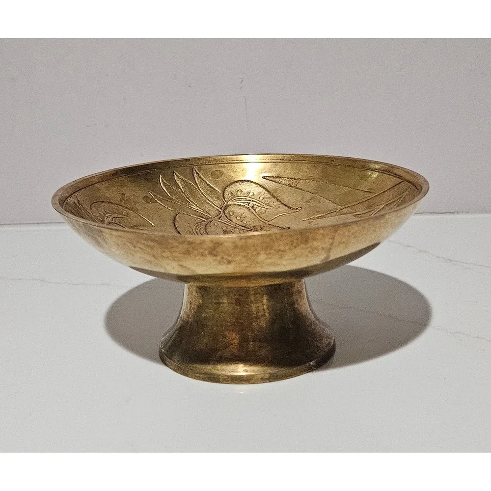 Vintage Etched Brass Pedestal Bowl Iris Floral Footed Trinket Dish Compote